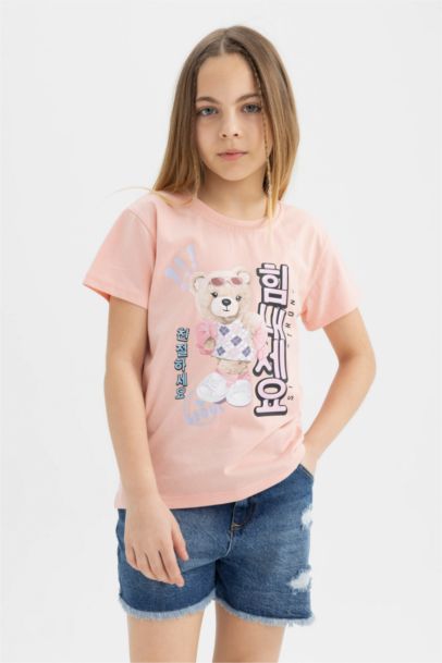 Girl Teddy Bear Printed Short Sleeve T-Shirt