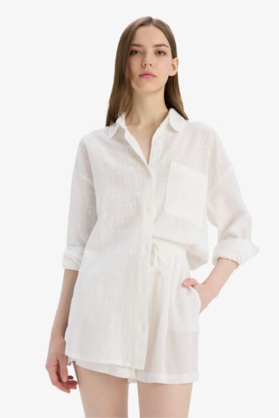Oversize Fit Shirt Collar Linen Look Long Sleeve Shirt