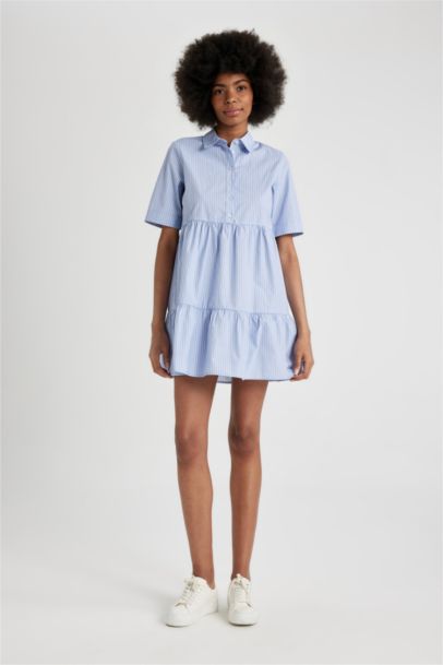 Shirt Collar Striped Poplin Short Sleeve Mini Dress