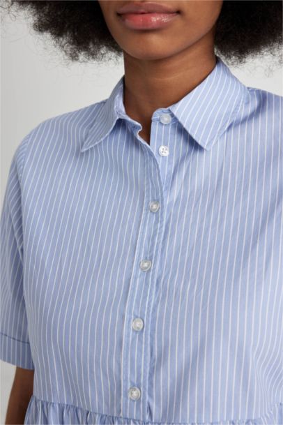 Shirt Collar Striped Poplin Short Sleeve Mini Dress