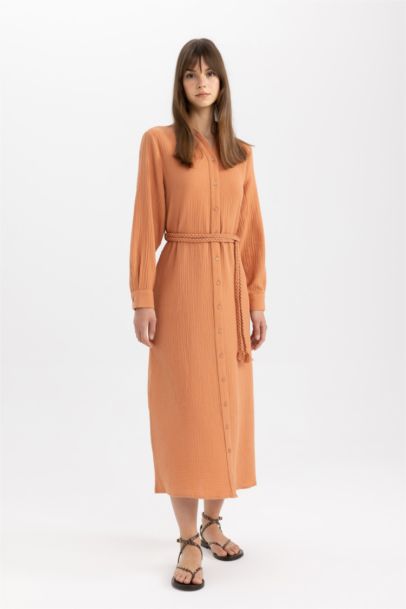 Regular Fit Shirt Collar Muslin Dress