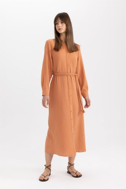 Regular Fit Shirt Collar Muslin Dress