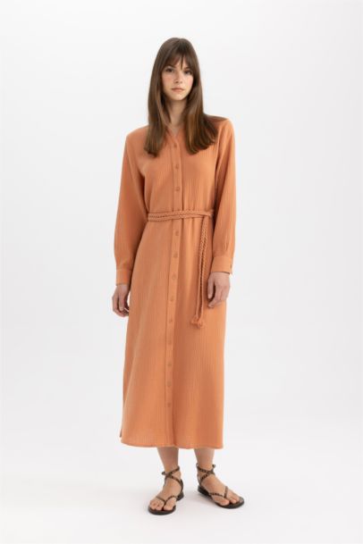 Regular Fit Shirt Collar Muslin Dress