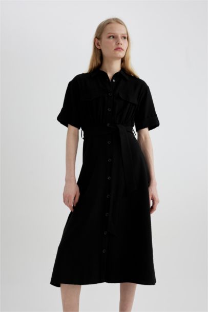 Shirt Collar Short Sleeve Midi Dress