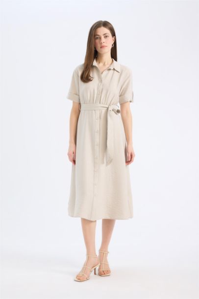 Gömlek Yaka Kısa Kollu Midi Elbise