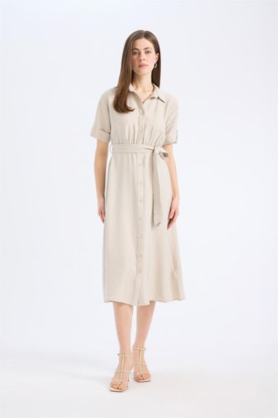 Gömlek Yaka Kısa Kollu Midi Elbise