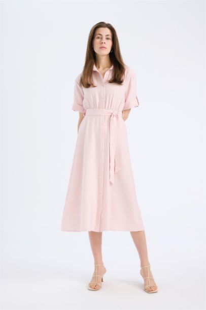 Рубашечный Воротник Короткий Рукав Миди Платье