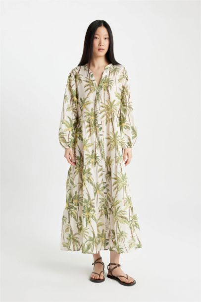 Patterned Long Sleeve Maxi Beach Dress