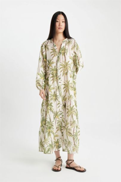 Patterned Long Sleeve Maxi Beach Dress