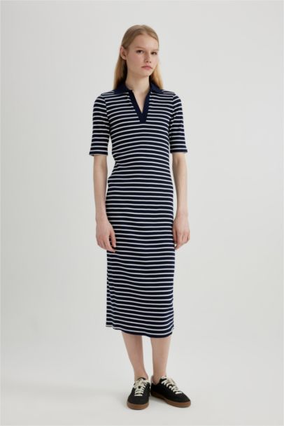 Bodycon Polo Neck Striped Ribbed Camisole Midi Dress