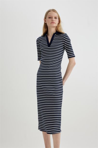 Bodycon Polo Neck Striped Ribbed Camisole Midi Dress