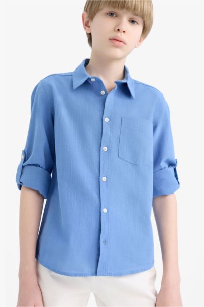 Boy Regular Fit Polo Neck Linen Look Shirt