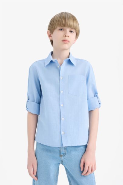 Boy Polo Collar Linen Look Long Sleeve Shirt