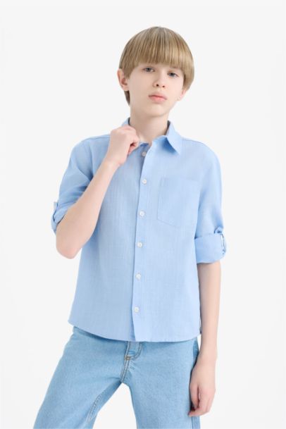 Boy Polo Collar Linen Look Long Sleeve Shirt