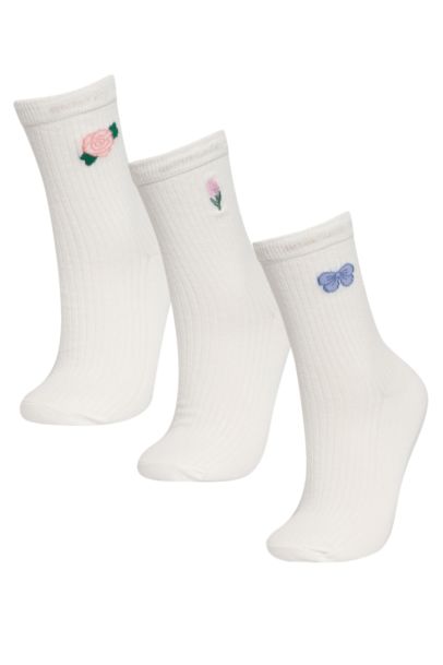 Woman Embroidery 3 Piece Cotton Long Socks