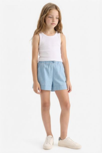 شورت جينز بناتي أزرق بخصر مطاطي