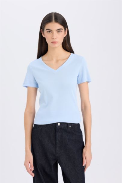 Regular Fit V-Neck Ribana Short Sleeve T-Shirt