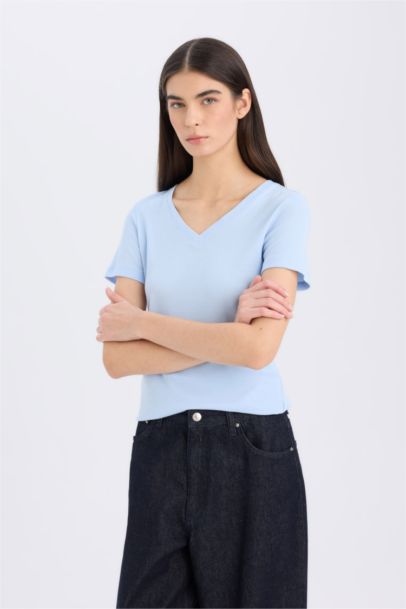 Regular Fit V-Neck Ribana Short Sleeve T-Shirt