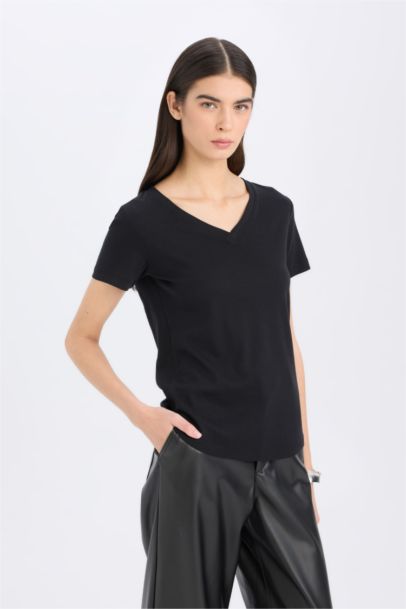 Regular Fit V-Neck Ribana Short Sleeve T-Shirt