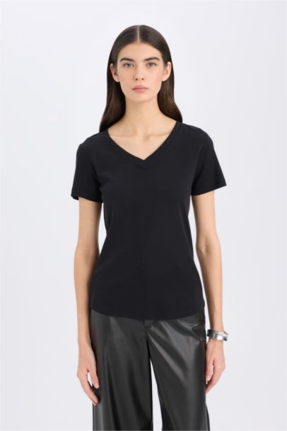 Regular Fit V-Neck Ribana Short Sleeve T-Shirt