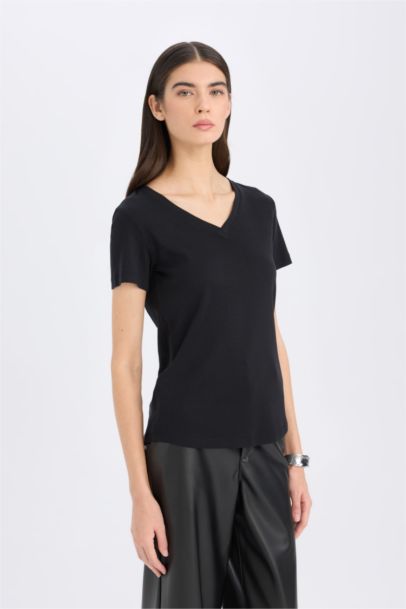 Regular Fit V-Neck Ribana Short Sleeve T-Shirt
