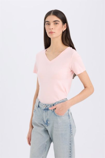 Regular Fit V-Neck Ribana Short Sleeve T-Shirt
