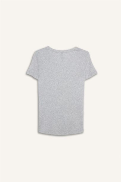 Regular Fit V жағалы негізгі тегіс рибана қысқа жеңді футболка