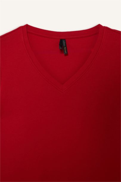 Regular Fit V жағалы негізгі тегіс рибана қысқа жеңді футболка