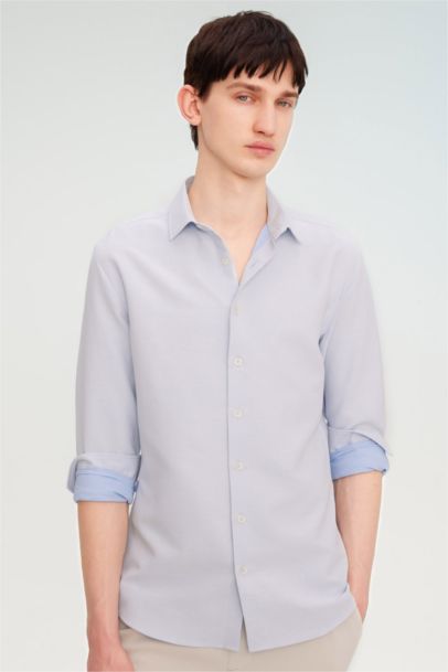 Slim Fit Polo Collar Honeycomb Textured Long Sleeve Shirt