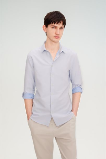 Slim Fit Polo Collar Honeycomb Textured Long Sleeve Shirt