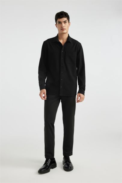 Regular Fit Polo Yaka Krinkıl Basic Düz Uzun Kollu Siyah Gömlek