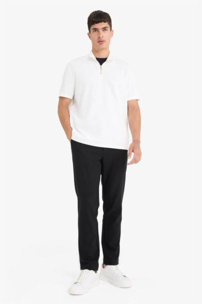 Regular Fit Dik Yaka Yarım Fermuarlı Modal Karışımlı Ağır Kumaş Kısa Kollu Tişört