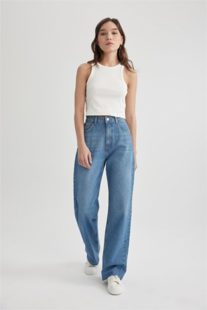Wide Leg High Waist Cutaway Long Jeans
