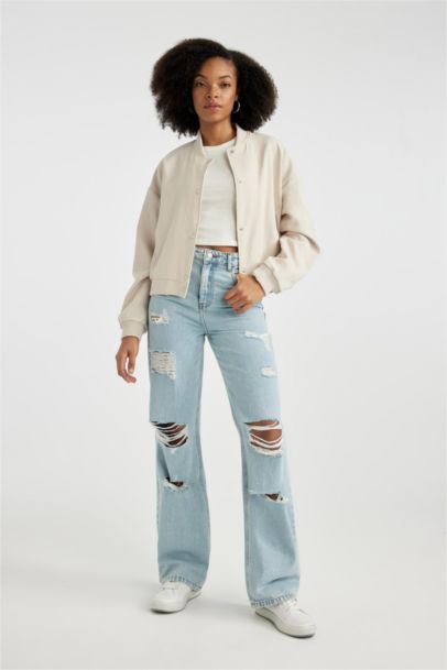 Kolej Yaka Çıtçıtlı Cepli Hafif Mevsimlik Bomber Ceket