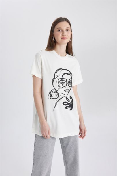 تونيك نص كم قصة عادية بياقة مستديرة بيج فاتح