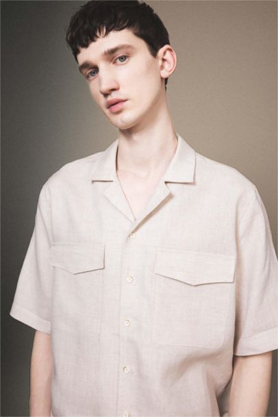 %100 Keten Relax Fit Polo Yaka Yazlık Basic Düz Kısa Kollu Gömlek