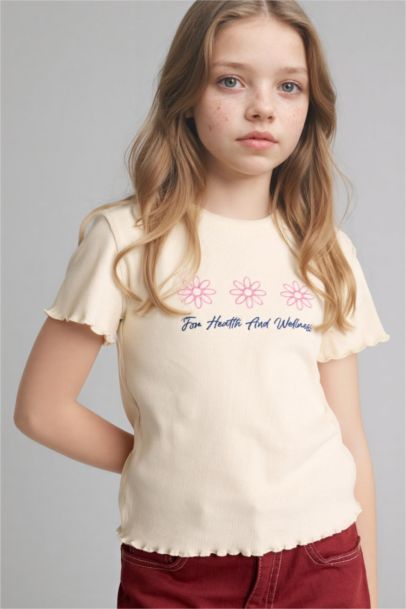 Girl Slim Fit Crew Neck Slogan Patterned Ribbed T-Shirt