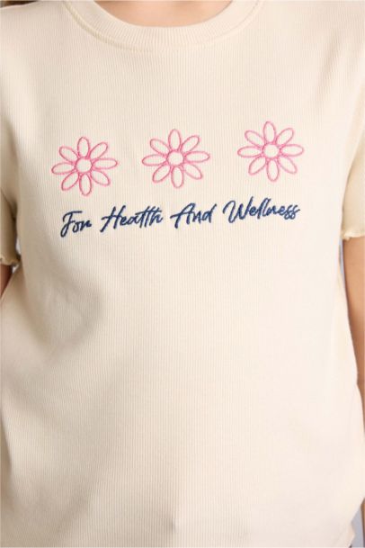 Girl Slim Fit Crew Neck Slogan Patterned Ribbed T-Shirt