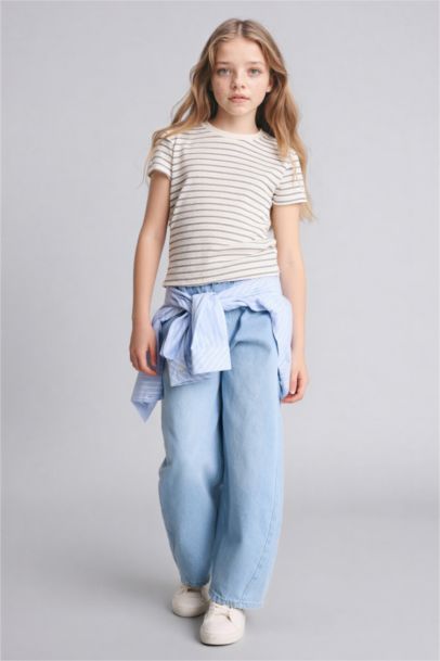 تيشيرت نص كم مضلع مخطط سليم فيت بياقة مستديرة