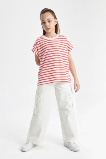 Girl Oversize Fit Jersey Striped Short Sleeve T-Shirt