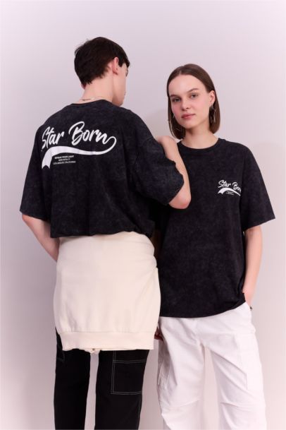 تيشيرت نص ردن اوفر سايز مطبوع بياخة مستديرة