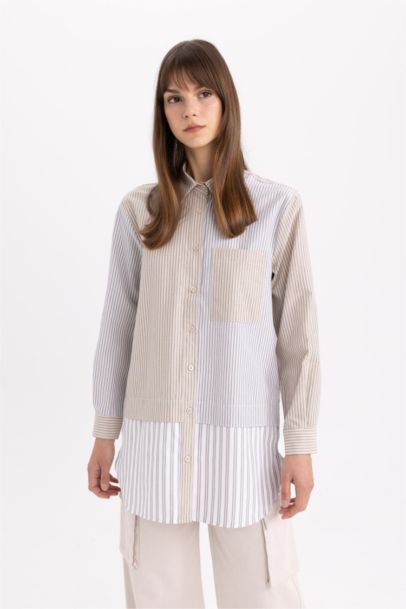 Relax Fit Striped Poplin Basic Shirt Tunic