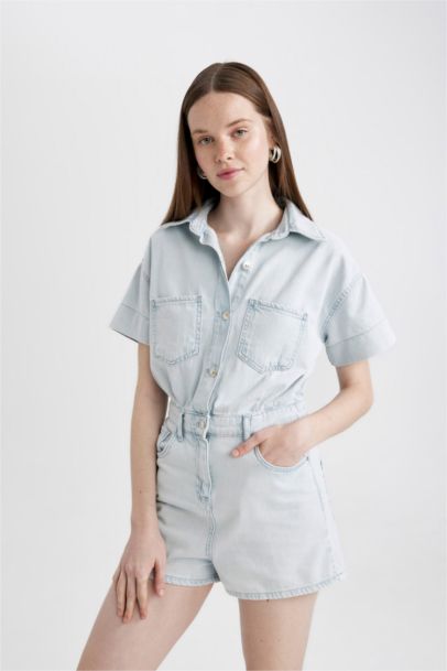 Short Sleeve Mini Denim Jumpsuit
