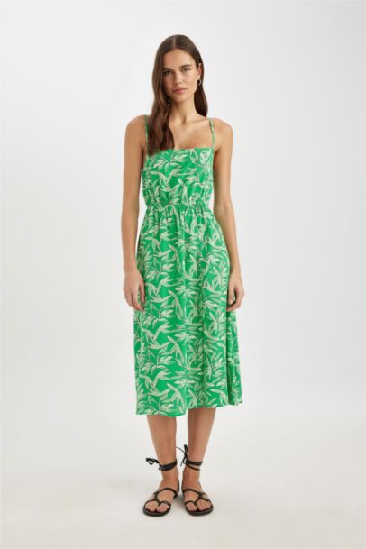 Robe Midi à Bretelles Fleuries à Col Carré