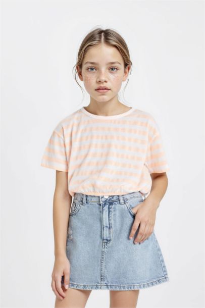 Girl Crew Neck Striped Short Sleeve T-Shirt