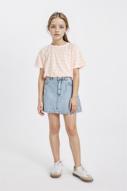 Girl Crew Neck Striped Short Sleeve T-Shirt