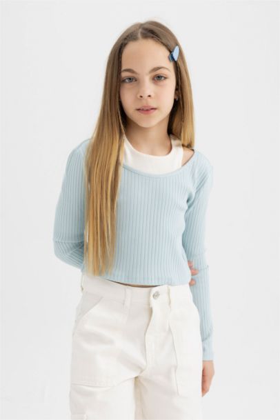 تيشيرت بناتي ردن طويل مضلع سليم فيت وياخة مستديرة