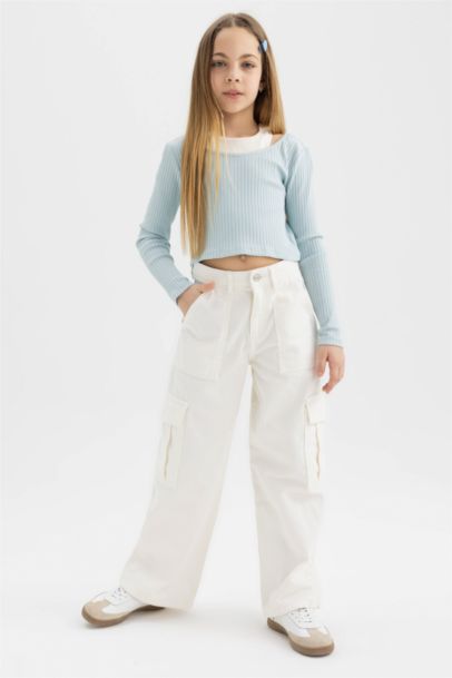 تيشيرت بناتي ردن طويل مضلع سليم فيت وياخة مستديرة