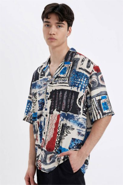 Relax Fit Printed Viscose Short Sleeve Shirt