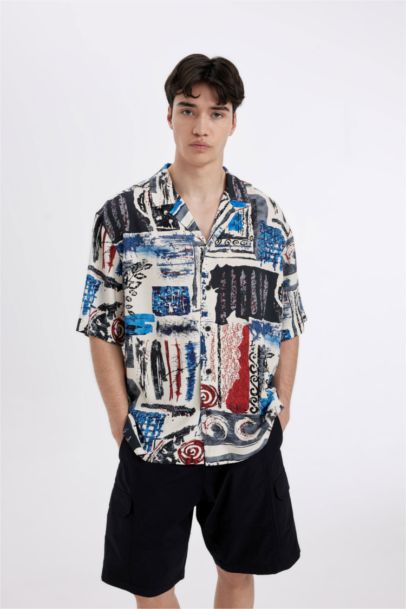 Relax Fit Printed Viscose Short Sleeve Shirt